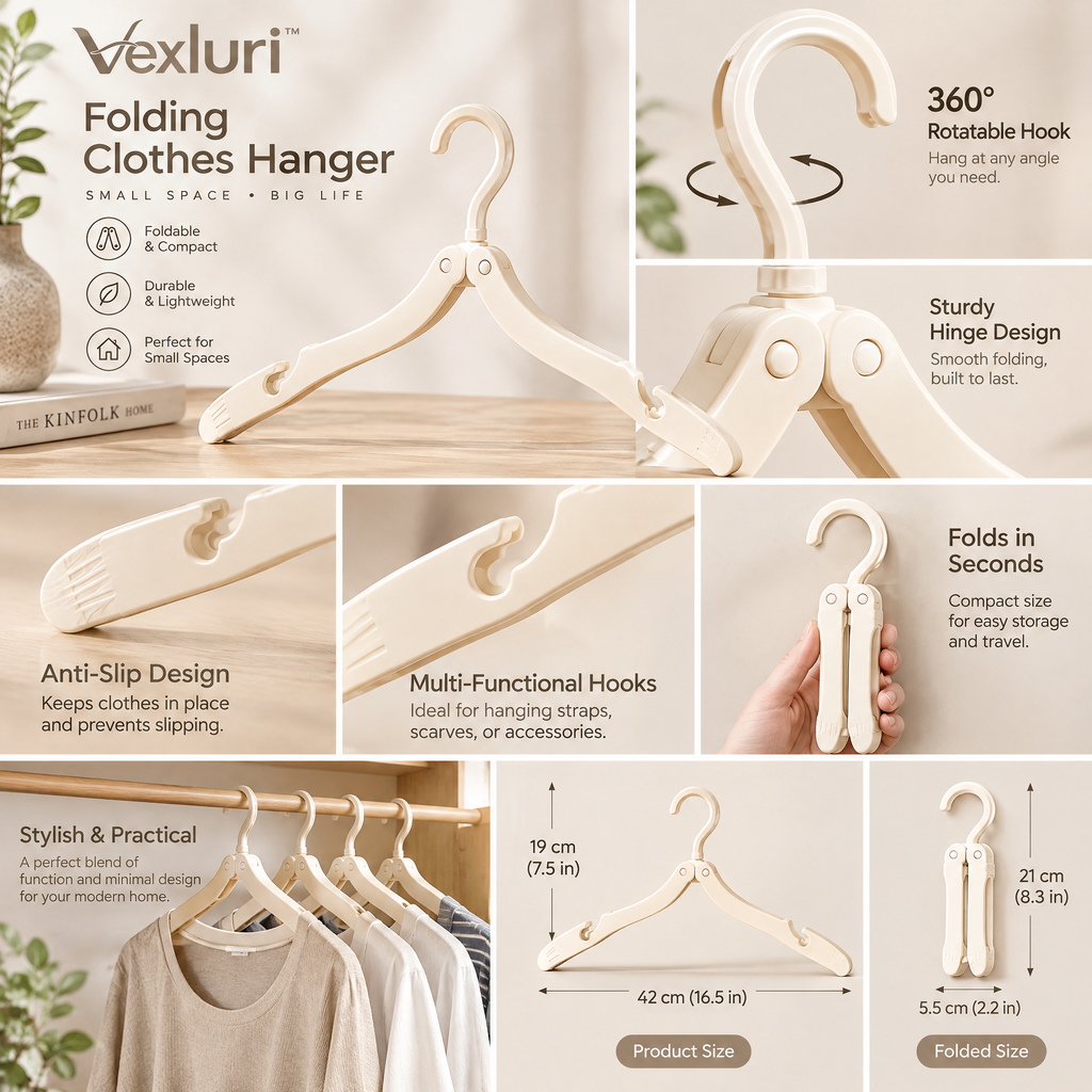 Vexluri™ Portable Folding Clothes Hanger – Compact, Lightweight Travel Hanger for Small Spaces