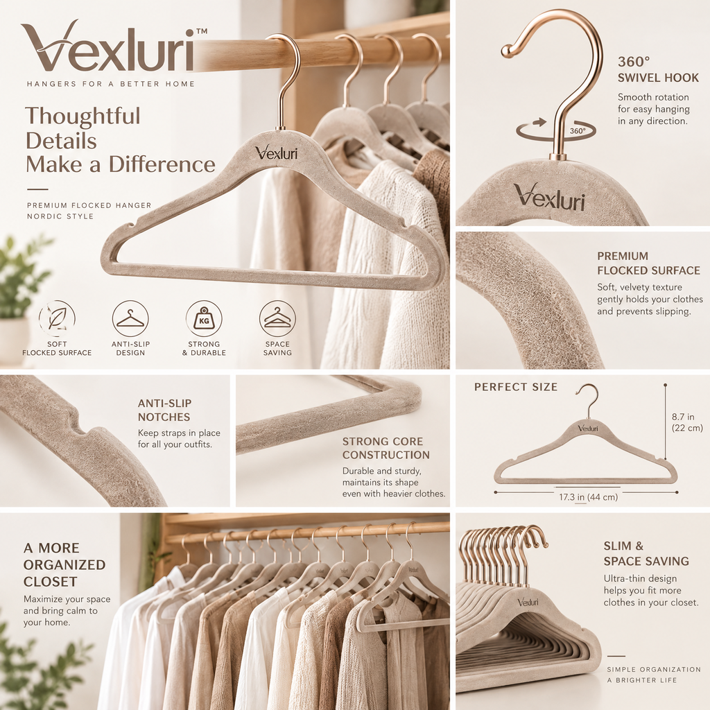 Vexluri™ Premium Flocked Clothes Hangers – Non-Slip, Ultra-Slim Space Saving Velvet Coat Hangers with 360° Swivel Hook (Nordic Style)