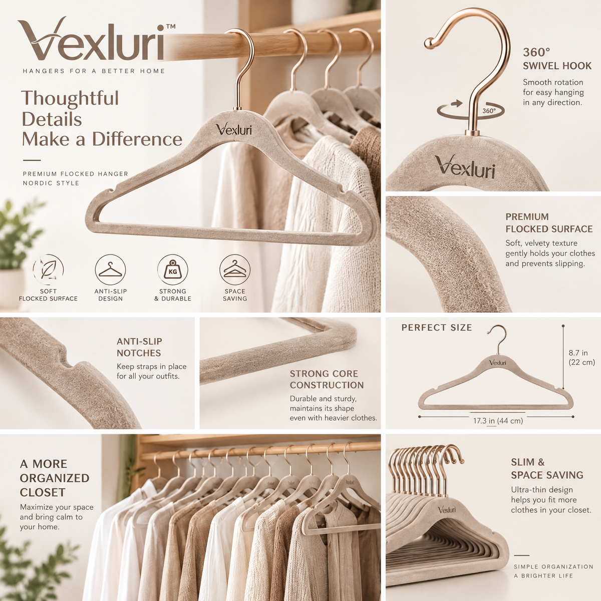 Vexluri™ Premium Flocked Clothes Hangers – Non-Slip, Ultra-Slim Space Saving Velvet Coat Hangers with 360° Swivel Hook (Nordic Style)