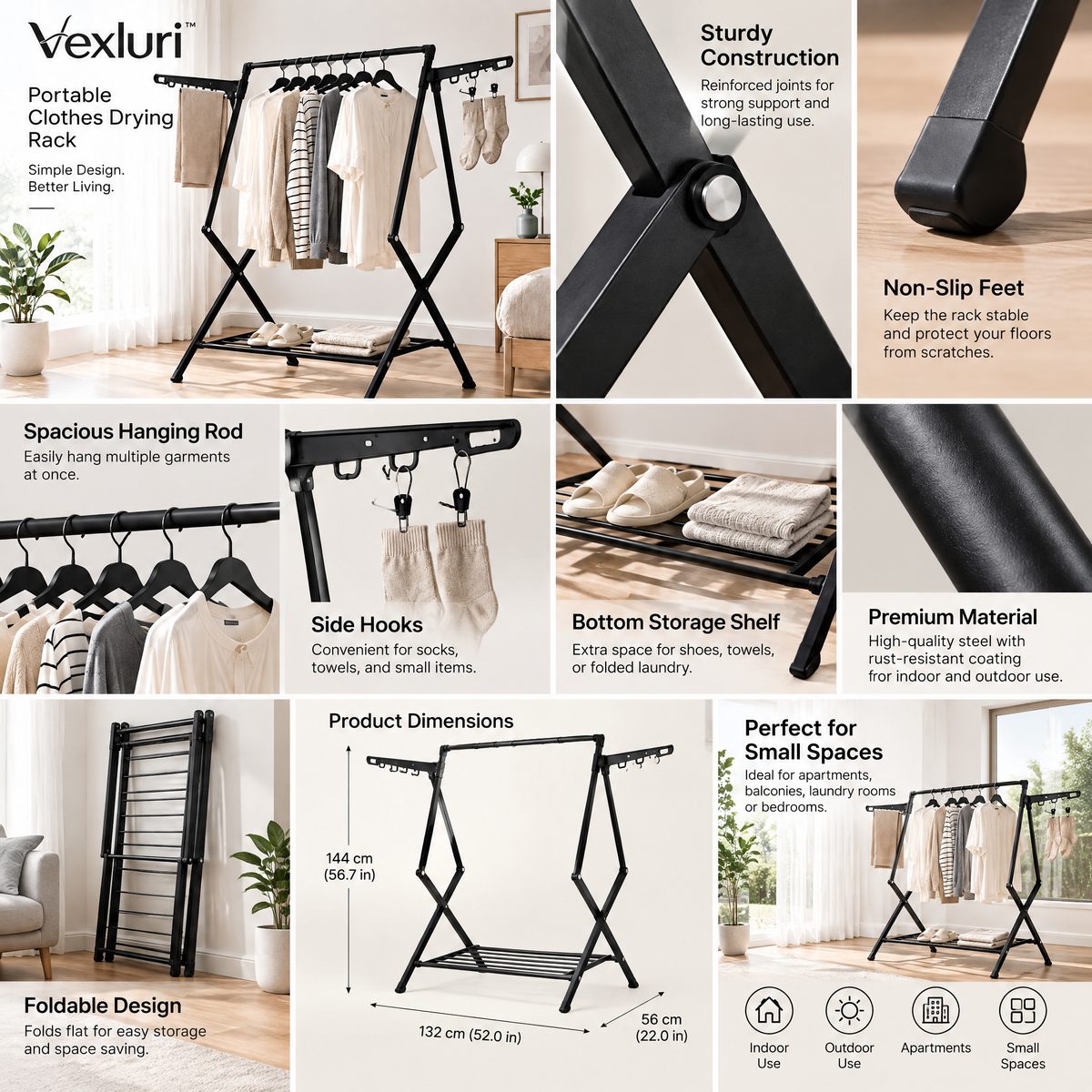 Vexluri™ Foldable Clothes Drying Rack – Portable Heavy-Duty Laundry Airer with Side Wings and Bottom Shelf, Space-Saving Garment Rack for Small Spaces