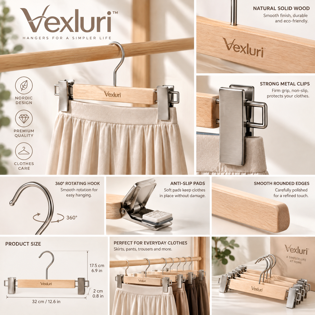 Vexluri™ Natural Wooden Pants &amp; Skirt Hangers with Adjustable Matte Metal Clips