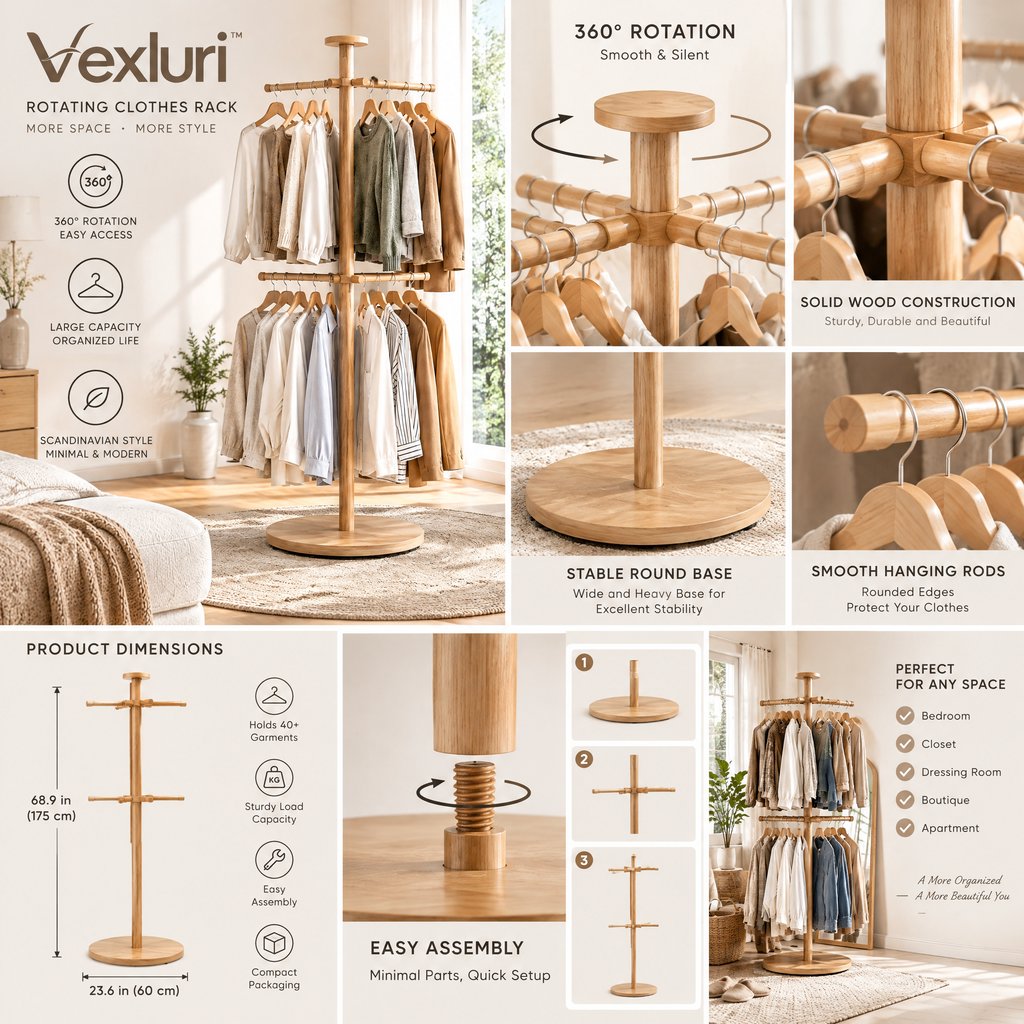 Vexluri™ 2-Tier 360° Rotating Wooden Clothes Rack, Freestanding Carousel Garment Tree for Bedroom &amp; Closet
