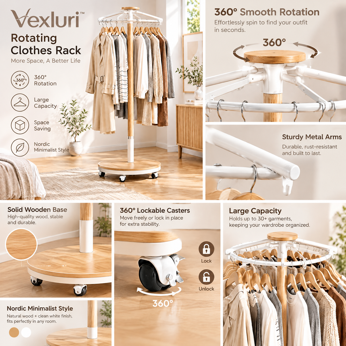 Vexluri™ 360° Rotating Clothes Rack with Wheels – Modern Freestanding Round Garment Carousel, Space-Saving Wood &amp; Metal Coat Organizer for Bedroom