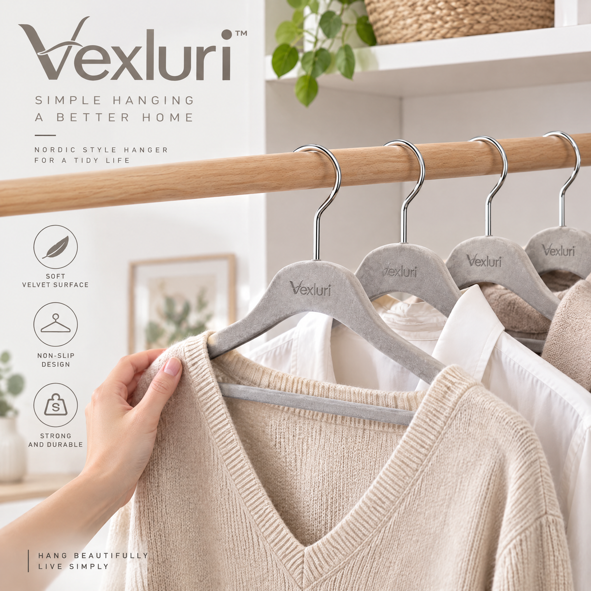 Vexluri™ Premium Non-Slip Velvet Clothes Hangers, Heavy-Duty Space-Saving Suit &amp; Coat Hangers with Notches (Grey)