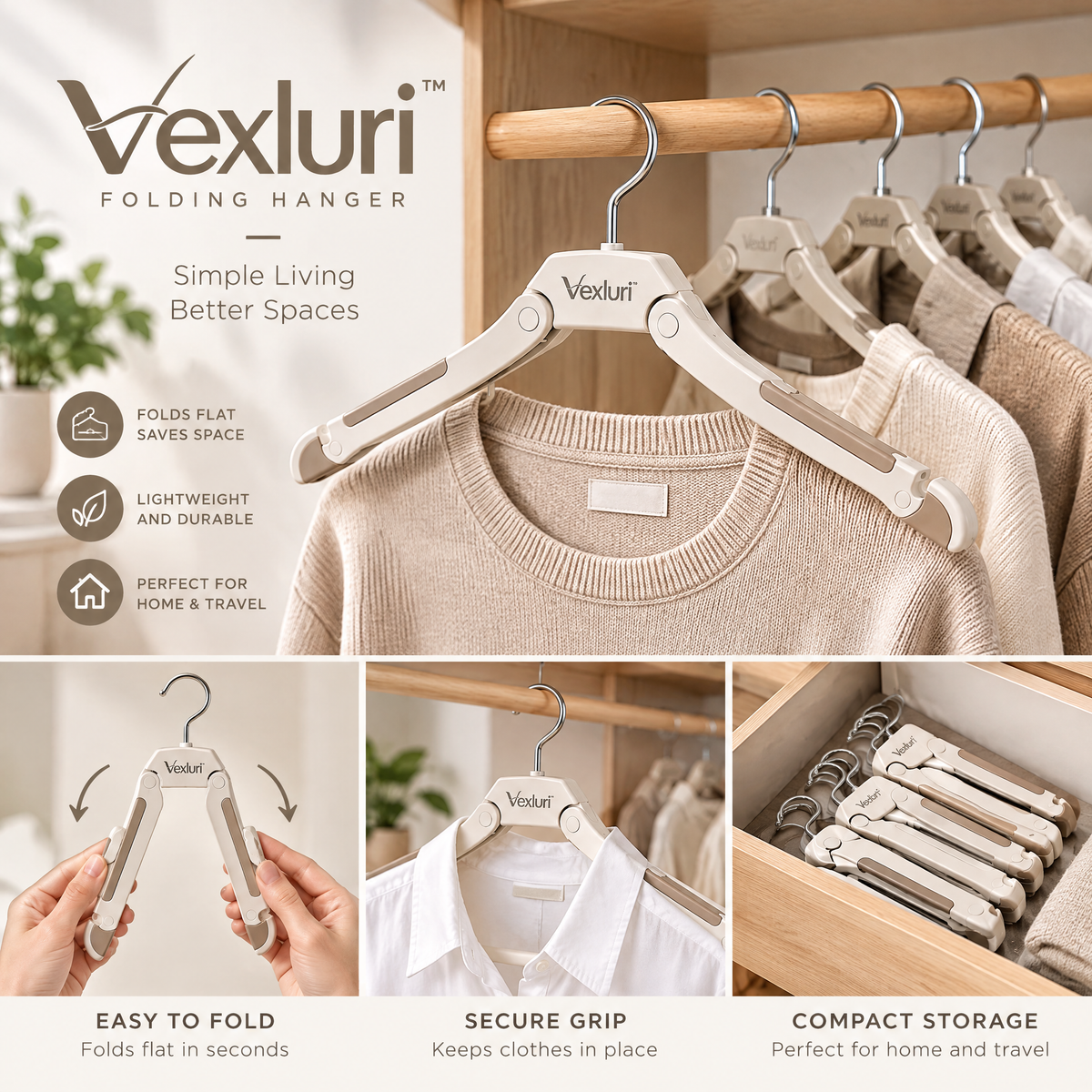 Vexluri™ Foldable Clothes Hangers – Space-Saving Non-Slip Portable Hangers for Closet Organization &amp; Travel