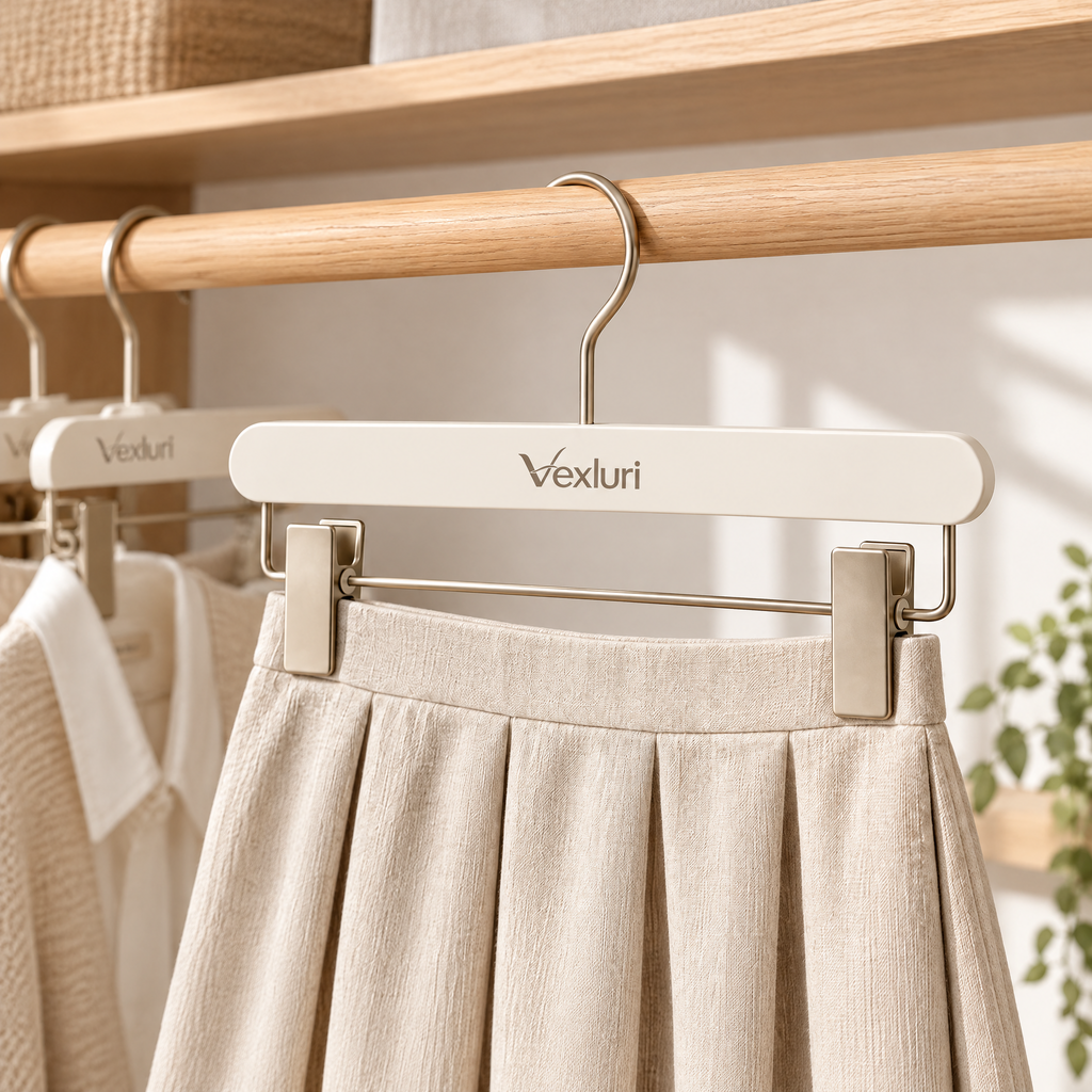 Vexluri™ Nordic Wooden Skirt &amp; Pants Hangers with Adjustable Clips, Matte Cream &amp; Champagne Gold