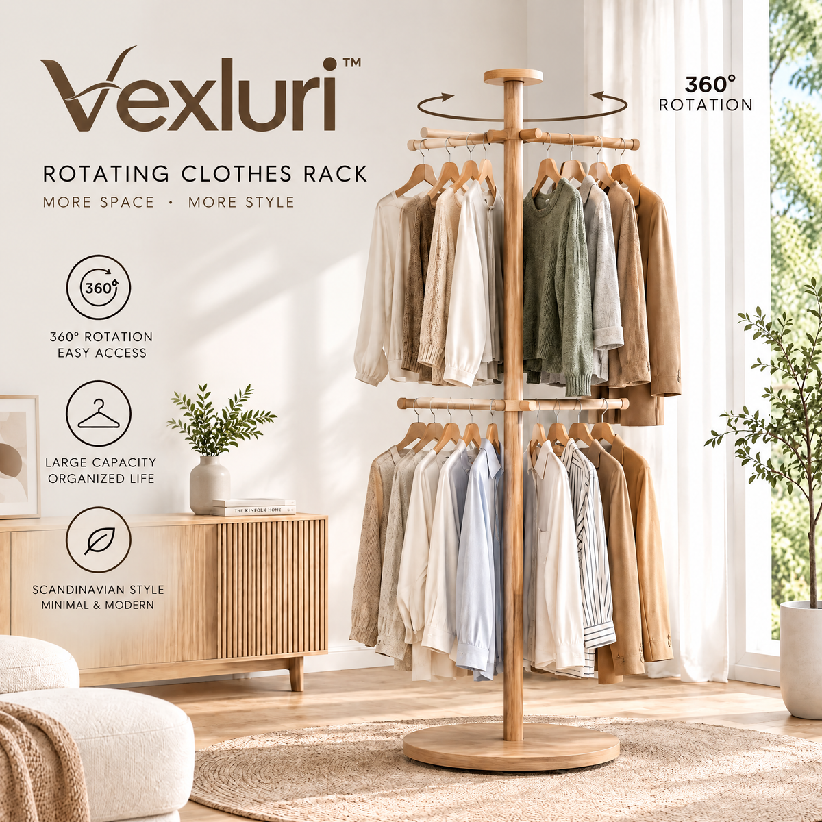 Vexluri™ 2-Tier 360° Rotating Wooden Clothes Rack, Freestanding Carousel Garment Tree for Bedroom &amp; Closet