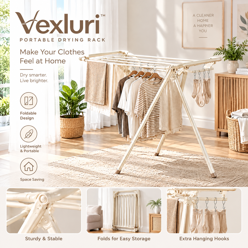 Vexluri™ Foldable Clothes Drying Rack – Portable &amp; Space-Saving Freestanding Laundry Drying Stand for Indoor and Balcony Use