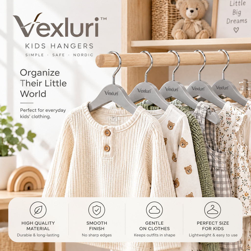 Vexluri™ Premium Kids Clothes Hangers – Smooth Finish Baby &amp; Toddler Hangers with 360° Swivel Metal Hooks and Shoulder Notches, Gentle on Delicate Garments (Nordic Gray)