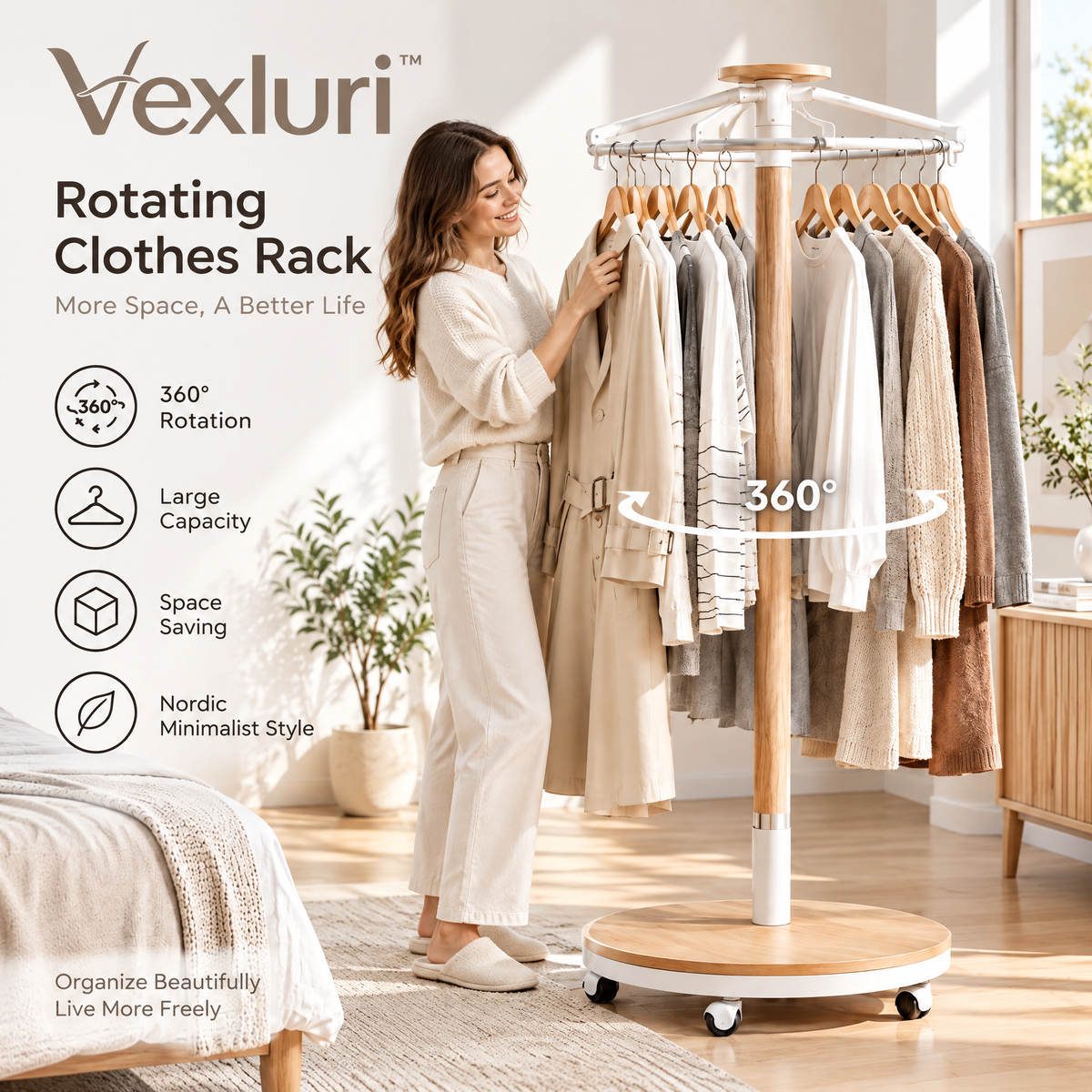 Vexluri™ 360° Rotating Clothes Rack with Wheels – Modern Freestanding Round Garment Carousel, Space-Saving Wood &amp; Metal Coat Organizer for Bedroom