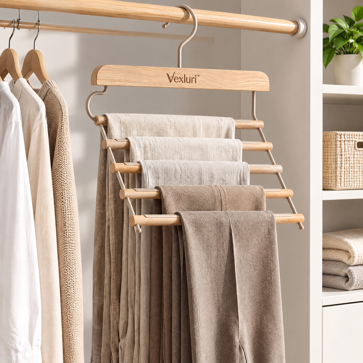 Vexluri™ 5-Tier Wooden Pants Hanger – Multi-Layer Space-Saving Trouser &amp; Closet Organizer