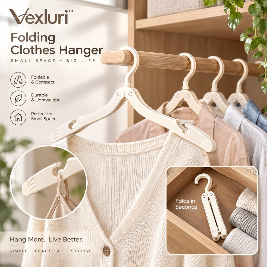 Vexluri™ Portable Folding Clothes Hanger – Compact, Lightweight Travel Hanger for Small Spaces
