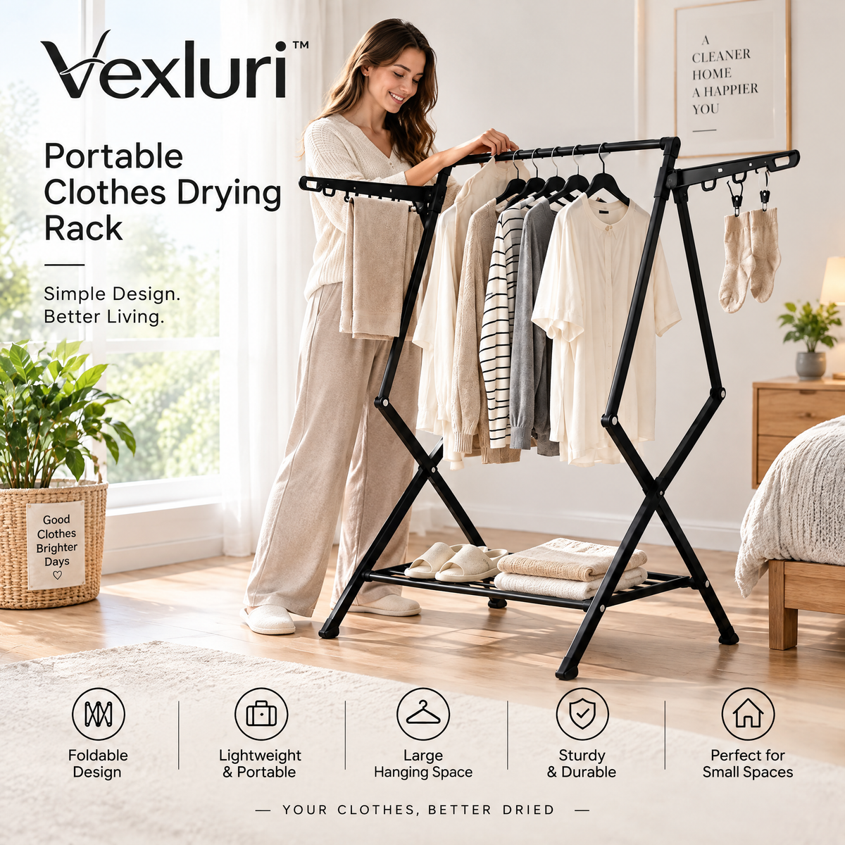 Vexluri™ Foldable Clothes Drying Rack – Portable Heavy-Duty Laundry Airer with Side Wings and Bottom Shelf, Space-Saving Garment Rack for Small Spaces