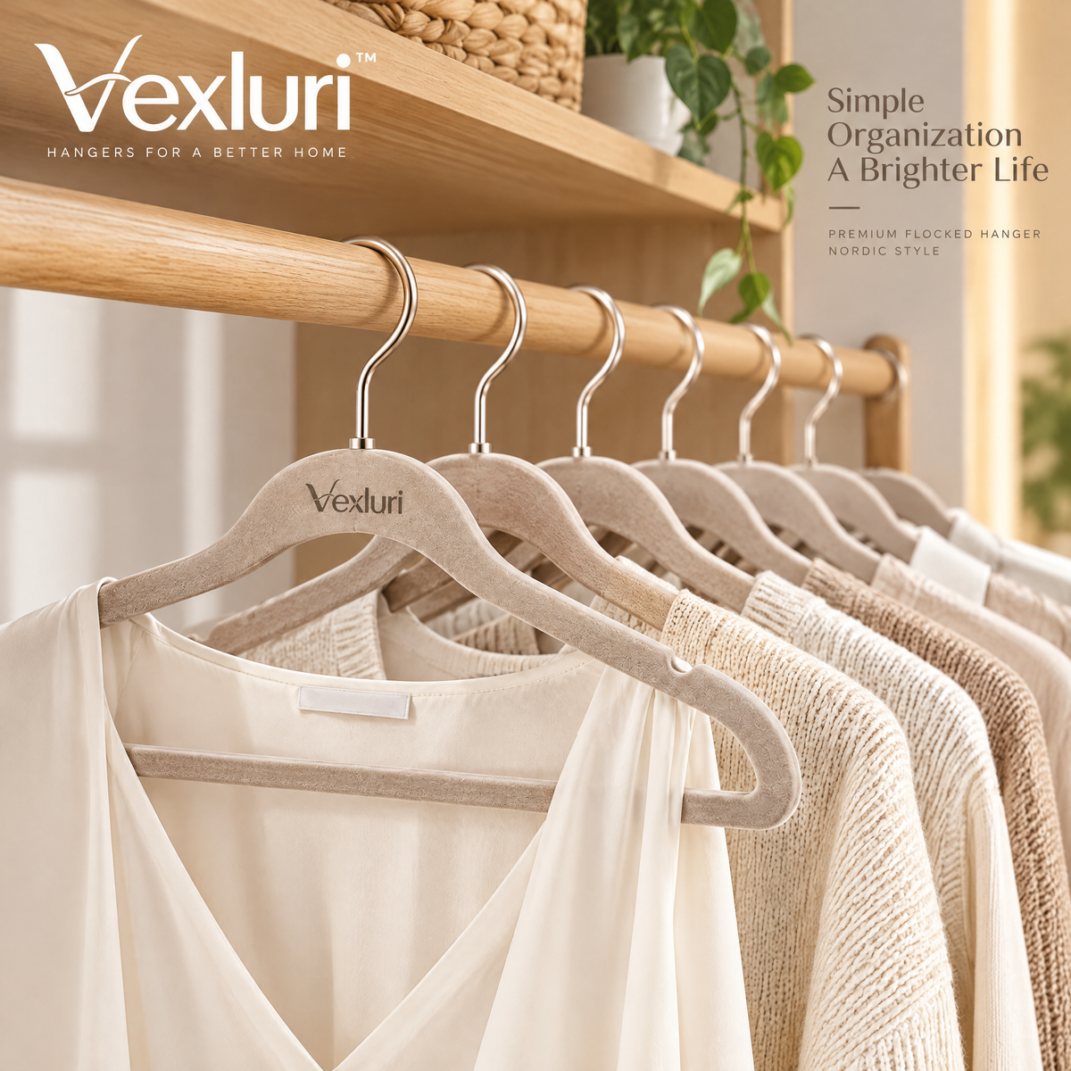 Vexluri™ Premium Flocked Clothes Hangers – Non-Slip, Ultra-Slim Space Saving Velvet Coat Hangers with 360° Swivel Hook (Nordic Style)