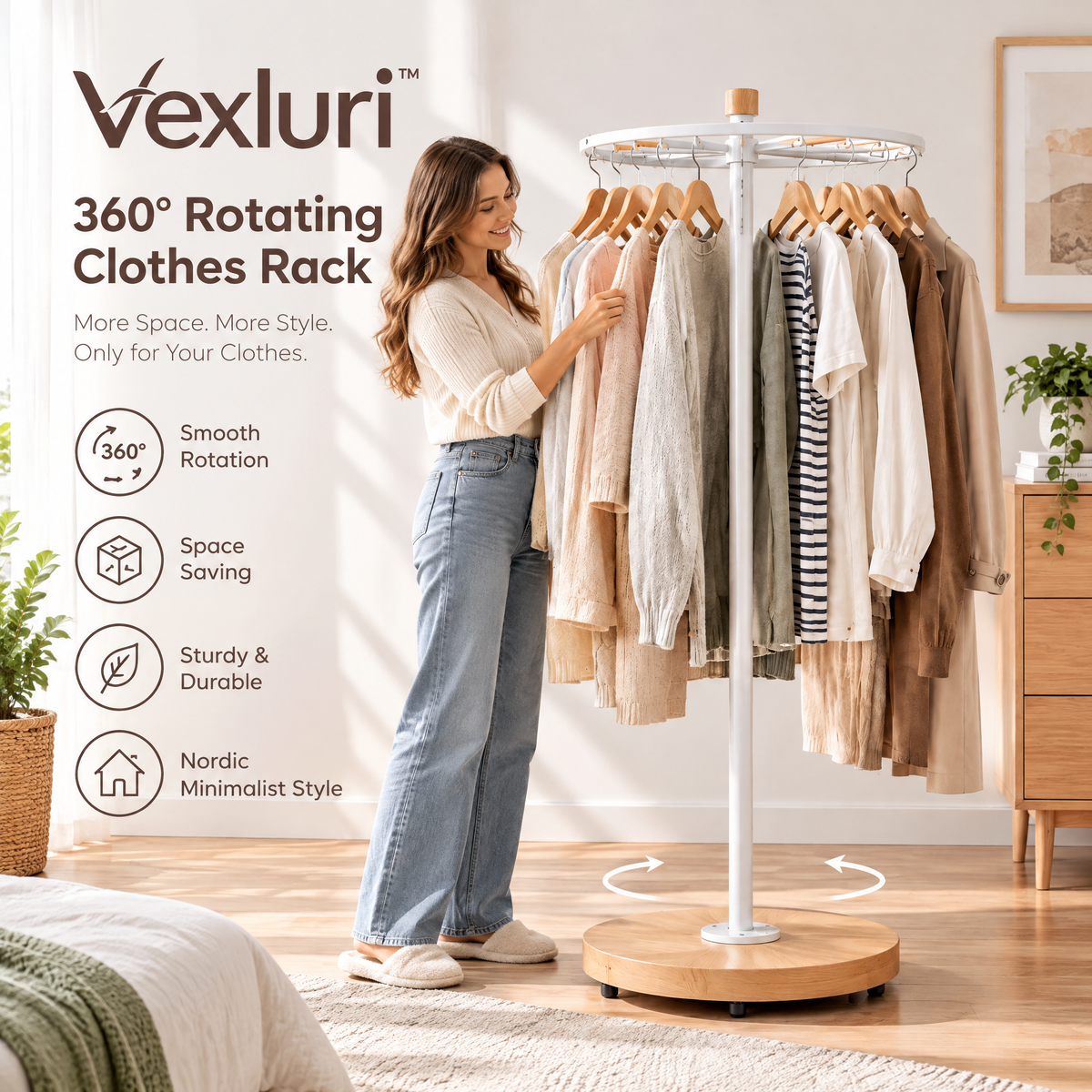 Vexluri™ 360° Rotating Clothes Rack – Freestanding Nordic Garment Organizer with Heavy-Duty Wood Base