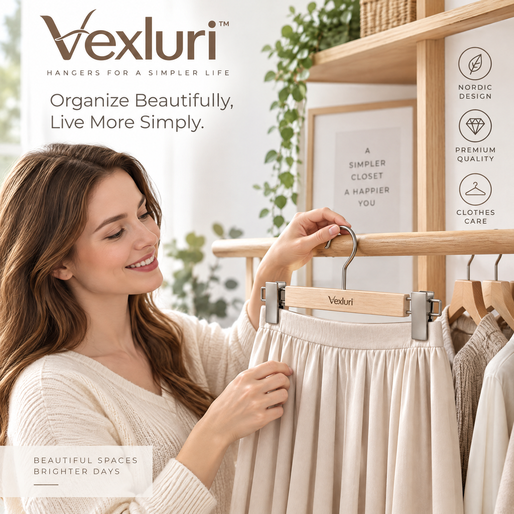 Vexluri™ Natural Wooden Pants &amp; Skirt Hangers with Adjustable Matte Metal Clips