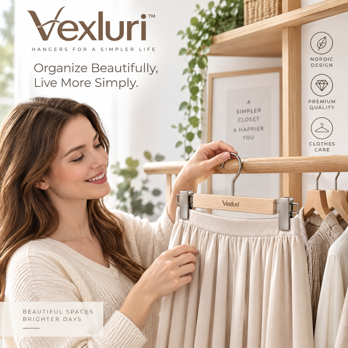 Vexluri™ Natural Wooden Pants &amp; Skirt Hangers with Adjustable Matte Metal Clips