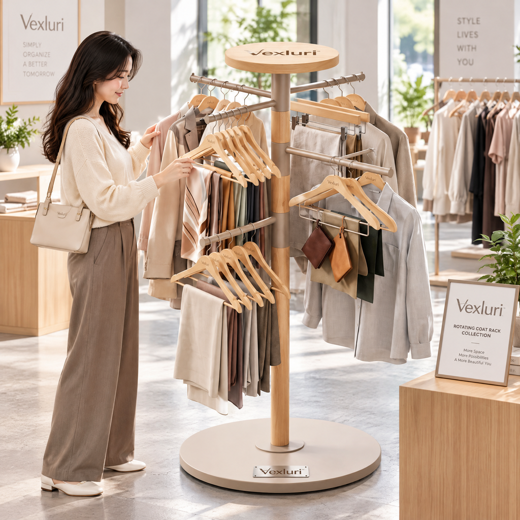 Vexluri™ 360° Rotating Freestanding Garment Rack – Modern Wood &amp; Metal Multi-Tier Clothes Display Stand for Boutiques and Home Closets