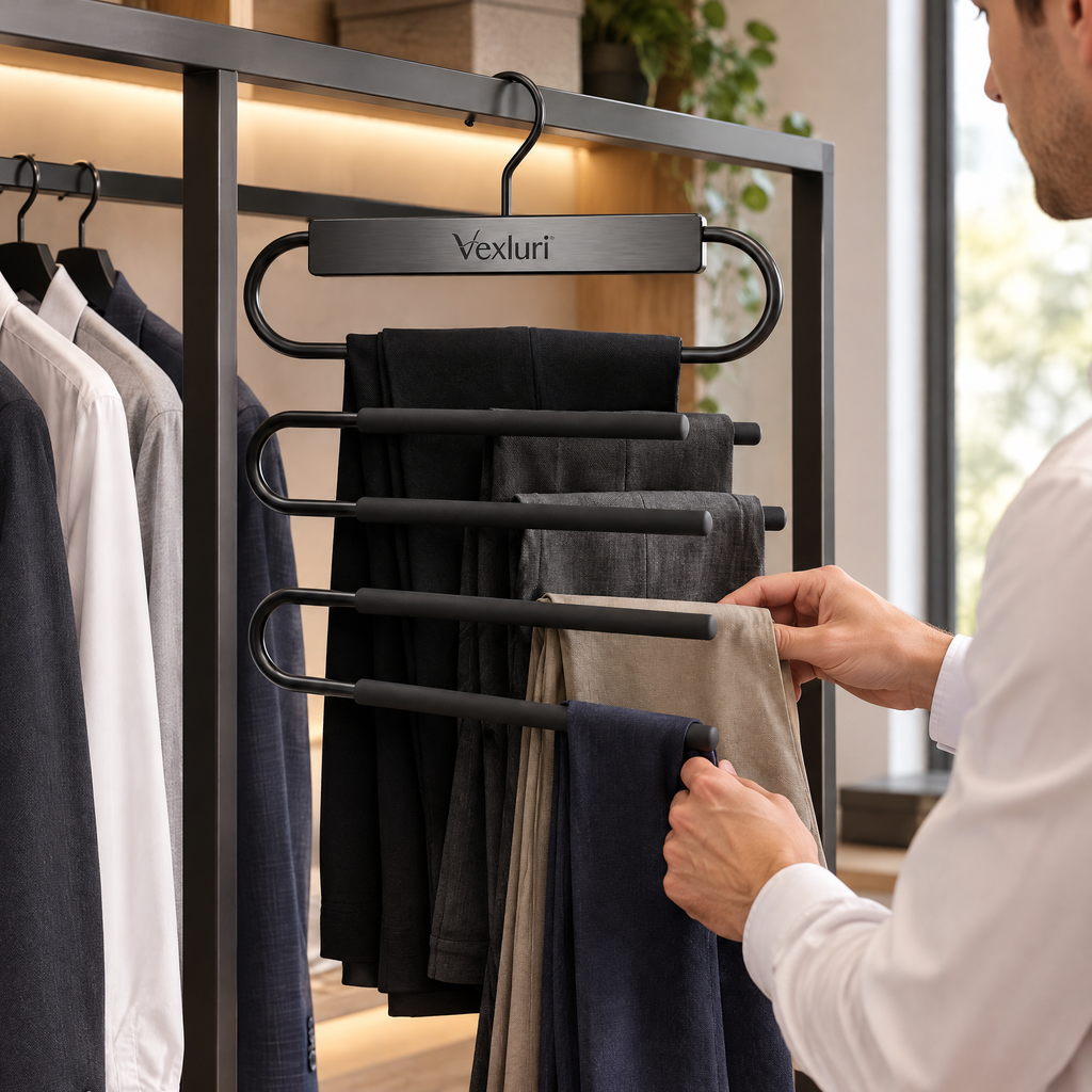 Vexluri™ 5-Tier Space-Saving Pants Hanger | Premium Matte Black Multi-Trouser Organizer
